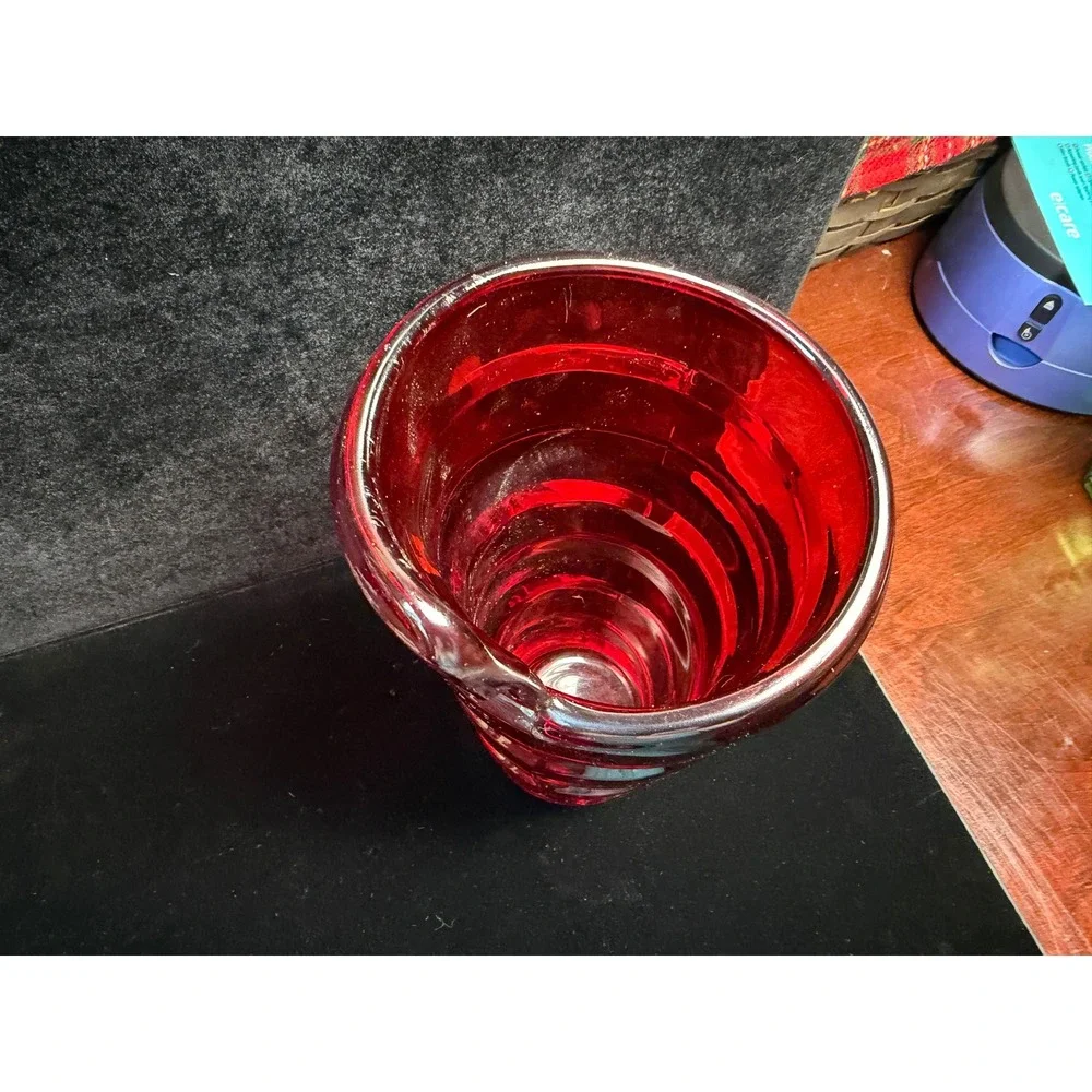 Ruby‎ Red Art Glass Spiral Ribbed Vase Asymmetrical Slant Rim Heavy Decorative